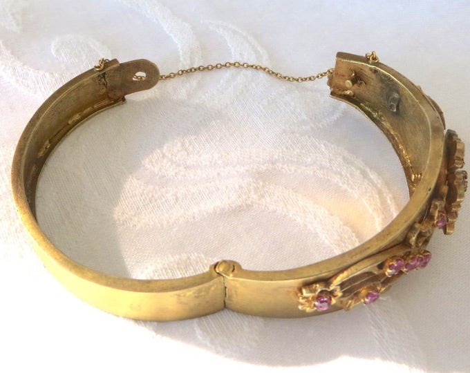 Antique Bangle Bracelet, Art Nouveau Hinged Bracelet, Layered Metalwork, Pink Rhinestones, Antique Jewelry