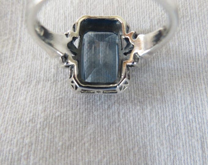 Sterling Aquamarine Ring, Emerald Cut, Pearl Accents, March Birthstone, Aquamarine Jewelry, Engagement Ring, Promise Ring, Size 6.5