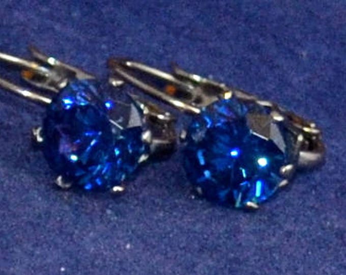 Blue Zircon Leverback Earrings, 8mm Round, Natural, Set in Stainless Steel E1063