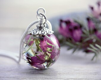 Lucky Heather Necklace Dried Flower Jewellery Eco Friendly Resin Pendant Botanical Sphere Real Pink Petal Orb Globe Gardener Gift For Her