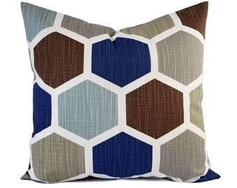 Two Blue Pillow Covers - Geometric Pillow Sham - Blue Throw Pillow - Blue Decorative Pillow - Brown Pillow Cover - Blue and Brown Pillows