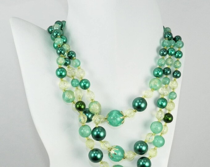 Vintage 1950 Triple Green Beaded Necklace made Japan Beaded Jewelry Jewellery Multi-Strand Beaded Christmas Holiday Festive Necklace