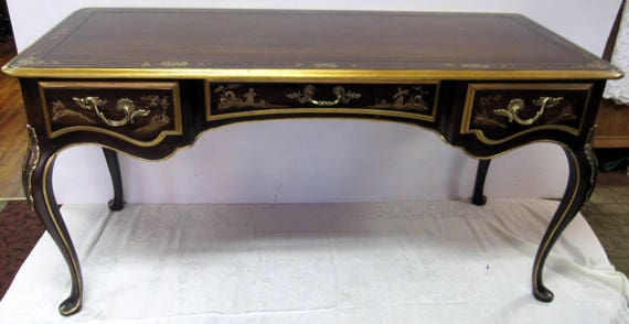 Asian style writing desk with chair handpainted brown lacquer