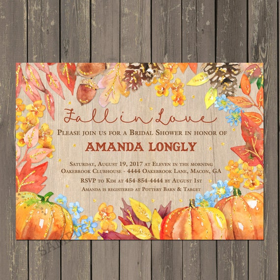 Fall Bridal Shower Invitation, Fall in Love Bridal Shower Invite, Watercolor Fall Flowers, Pumpkins, Shower Invitation, Printable or Printed Il_570xn