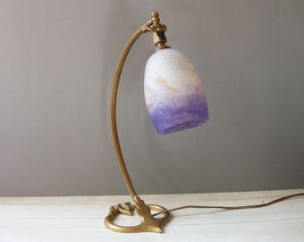 Antique French Art Deco Desk Lamp,with a pate de verre glass shade signed L'ELF.