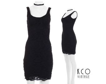 90s Dress Black Lace Dress Bodycon Mini Dress Beach Goth Little Black Dress Vintage Clothing Women's Size XS / SMALL