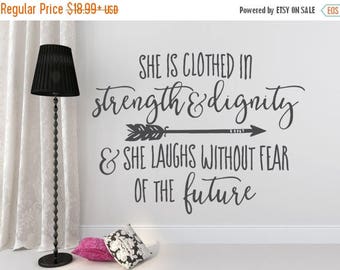 CLEARANCE SALE Quote Wall Decal She is Clothed in Strength and Dignity Christian wall quotes Wall Quote Vinyl Decal Kids Wall Quote Quote Wa