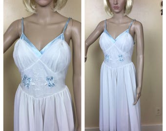 Vintage , 50s LINGERIE , 1950S Nightgown , white Bridal , nightie lingerie , sky blue , Embroidered Slip Dress