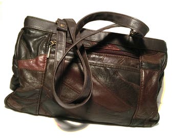 Vintage Brown Patch Leather Handbag, Patchwork Leather Purse, Top Handle Bag, 11" Drop, Dark Brown, Large, Divided, 3 Sections, 1980s-1990s
