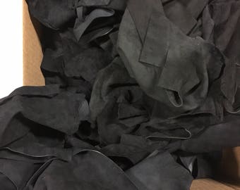 Lot of leather scraps black lamb suede hide skin - 13 oz