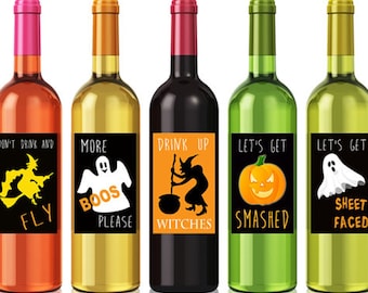 Printable Halloween Wine Labels, Funny Halloween Labels, Halloween Party Decor Halloween Gift, Drink up Witches Custom Wine Labels Set of 5