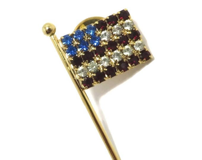 USA Flag Pin, Rhinestone Lapel Pin, Vintage Patriotic Tie Tac, Gold Tone Rhinestone Stars and Stripes Pin