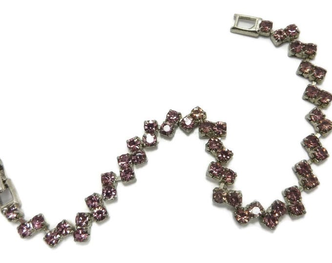 Vintage Tennis Bracelet - Pink Rhinestone Bracelet, Silver Tone Link Bracelet, Angled Rhinestone Bracelet