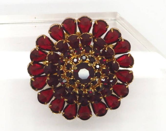 Vintage Red Austrian Crystal Brooch, Crystal Flower Pin, Gold Tone Austria Pin