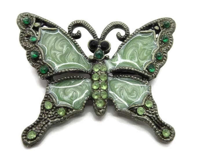 Green Butterfly Brooch, Vintage Green Swirl, Rhinestone, Silver Tone Butterfly Pin