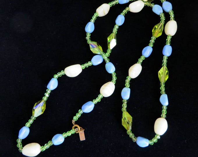 Signed Hattie Carnegie Necklace | Vintage Art Glass | Cream Blue Green Glass Beaded Necklace