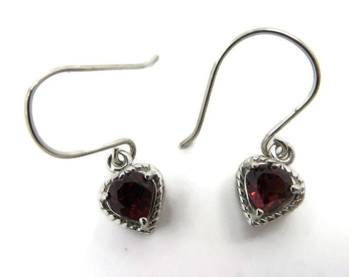 Vintage Garnet Heart Earrings, Sterling Silver Dangling Pierced Earrings, Bridal Jewelry, Valentine's Day Gift