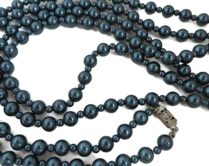 Blue Flapper Necklace, Vintage Dark Teal Blue Long Beaded Necklace, Gift For Her