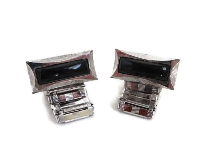French Onyx Cufflinks, Vintage Wraparound Cuff Links, Mid Century Silver Tone Suit Accessory, Men's Gift