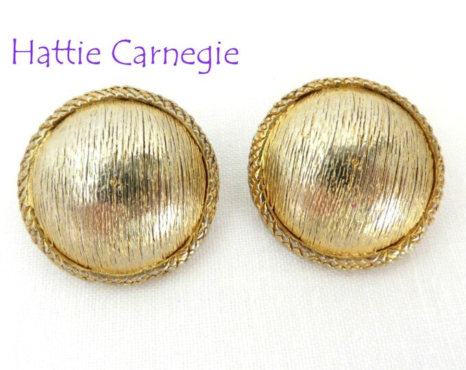 Hattie Carnegie Button Earrings Vintage Gold Tone Textured Clip-ons, Round Braided Signed Designer Earrings