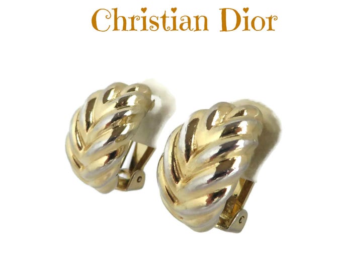 Christian Dior Leaf Earrings, Vintage Gold Tone Clip-on Earrings, Signed Designer Jewelry, Gift for Her
