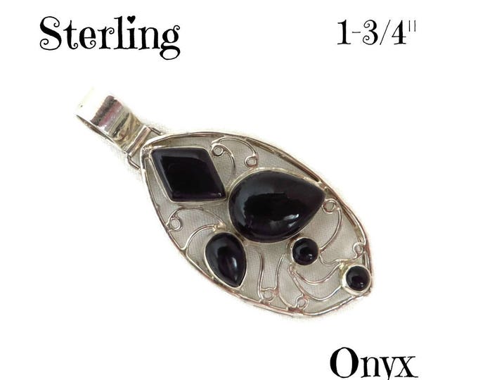 Sterling Silver Onyx Pendant - Vintage Black Onyx, Openwork Silver, Oval Pendant, Unique Perfect Gift, Gift Box