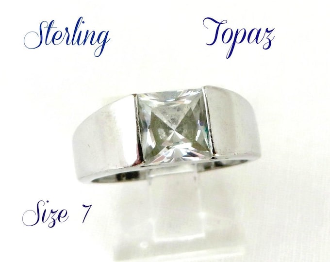 Vintage Sterling Silver Topaz Ring, Modernist Princess Cut Topaz, Size 7