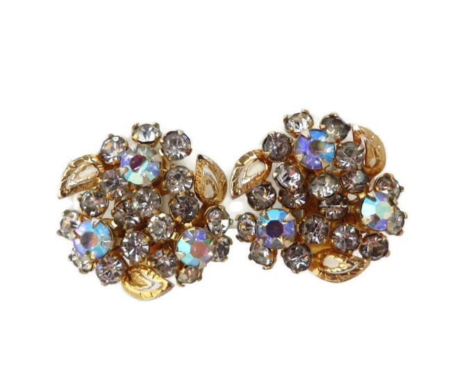 Rhinestone Bridal Earrings - Vintage Rhinestone Gold Tone Flower Clip-ons, Gift for Her, Gift Boxed