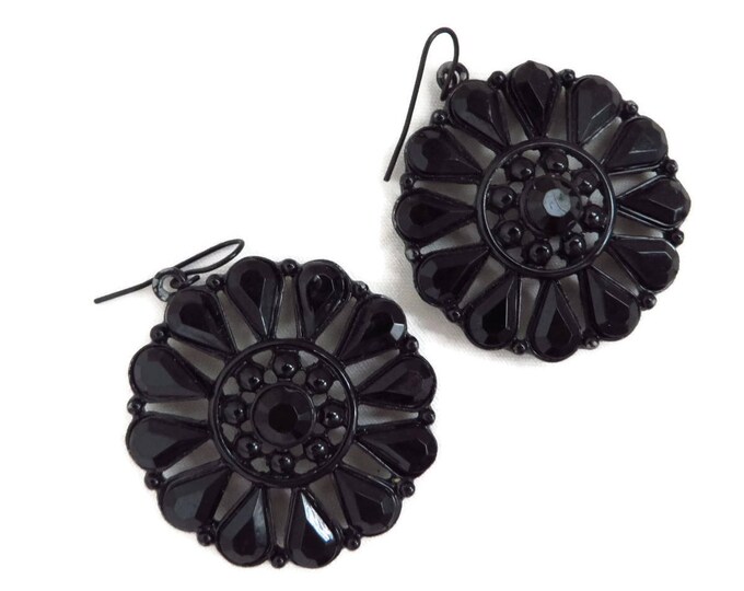 Black Bead Necklace, Earrings - Vintage Faceted Bead Necklace, Bead and Glass Pinwheel Pierced Dangle Earrings, Jet Jewelry Set Black Bead Necklace, Earrings - Vintage Faceted Bead Necklace, Bead and Glass Pinwheel Pierced Dangle Earrings, Jet Jewelry Set