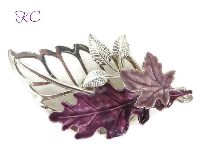 Signed KC Leaf Brooch - Vintage Purple Silver Tone Large Leaf Pin