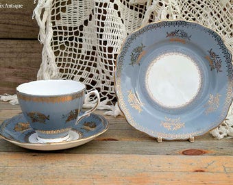 RESERVED to Joven. Set of Vintage Colclough Bone China Made in England A Product of Ridgway Potteries Ltd Grey White and Gold Trio