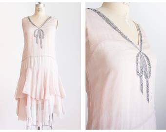 1920s pale pink rhinestone bow flapper dress | vintage dress | size small medium