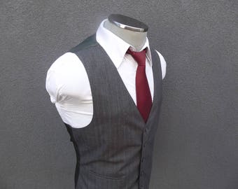 1950s Gray Pinstripe Vest, 50s Vintage Men's Vest, Mens Waistcoat, Mens Waist Coat, Wool Waistcoat, Vintage Suit Vest 44 Large, Striped Vest