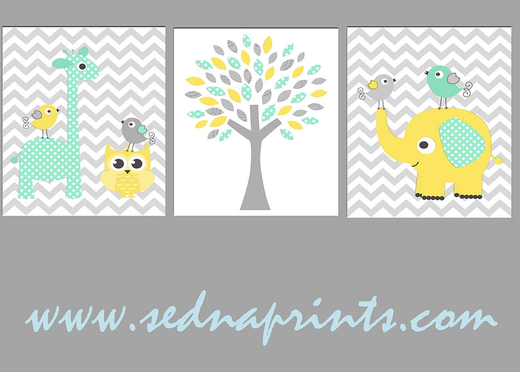 Mint yellow and grey Nursery Art Print Set Baby Room Decor