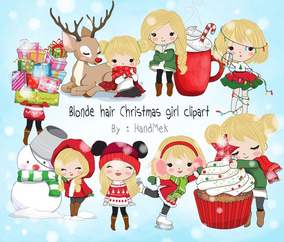 Blonde hair Christmas girl Clip art instant download PNG file