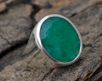 Natural Emerald Gemstone Ring, Large Ovel Faceted Emerald Ring, May Birthstone Gift Ring, 925 Sterling Silver Ring, Men's Gift Ring Jewelry