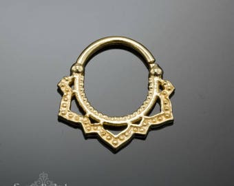 Solid Gold Septum Ring, Tribal Septum, Lotus Septum, 18g, 16g Septum Ring, Septum Piercing, Septum Jewelry, 14K Gold Septum
