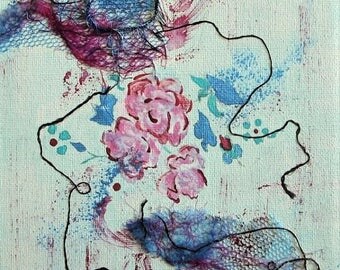 Abstract, floral abstract on canvas : 6 x 6 in ( 14/22 cm ), mixed media, acrylic and textile fibers, "Floral 7", Christmas gift
