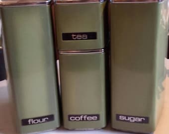 Beautiful Retro Vintage Lincoln Beautyware Canisters Kitchen Set of 4 Avocado Green Metal chrome flour sugar tea coffee