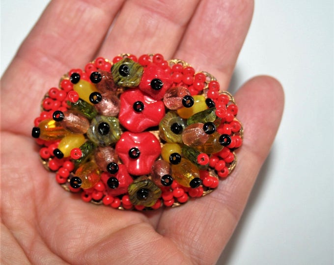 Czech Red Seed Glass Beads Hand Made Vintage Brooch Pin
