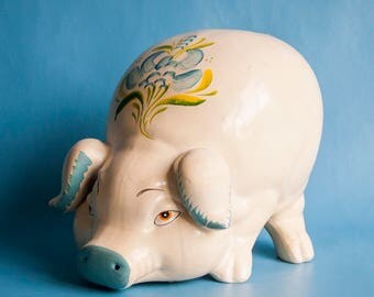 Vintage Large Cute Piggy Bank Money Box Cream and Blue with Flowers
