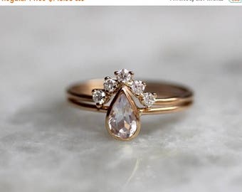 ON SALE 14K Moonstone Pear Engagement Ring Set, Bridal Set, Diamond Chevron Band, Dainty Engagement, Tear Drop, Ring Set, Alternative Bridal