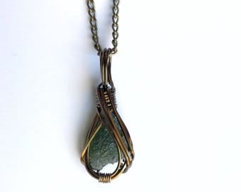 Raw Moldavite Necklace Wire Wrapped Pendant in Copper Wire with Antique Brass Finish