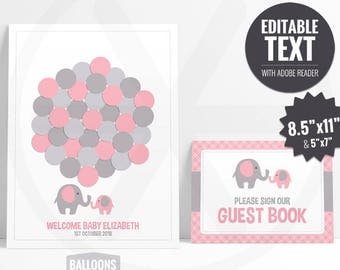 Baby Shower Guest Book Alternative. Pink Elephant Guest Book. Guest Signs. Pink and Gray Girl Baby Shower Guests Keepsake.Printable Editable