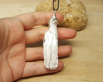 Selenite necklace. Raw Selenite stick pendant. Raw Crystal necklace. Reiki jewelry uk. Silver plated Wire wrap pendant