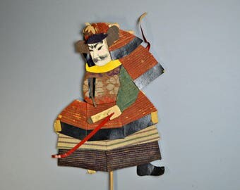 1800's Antique Oshie Japanese Silk Kimono Doll Samurai Kabuto Armor
