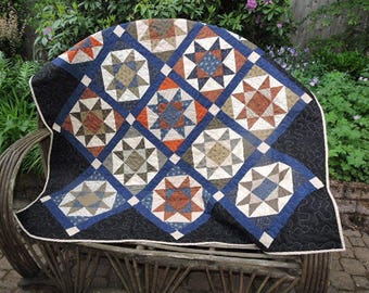 Large Civil War Reproduction Quilt with Ohio Stars - Rust, Blue, Green, Cream and Black 62" x 62"
