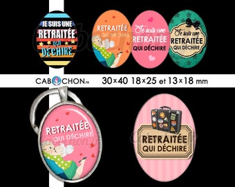 Retraitée qui déchire ! • 45 Images Digitales OVALES 30x40 18x25 et 13x18 mm retraite cabochon cabochons badge moustache retraitee voyage