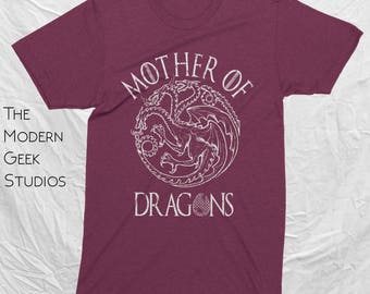 Mother of Dragons Game of Thrones Khaleesi Tri-Blend or Basic Unisex Shirts in Maroon, Teal, And Gray. Fast Shipping. Awesome Aged look