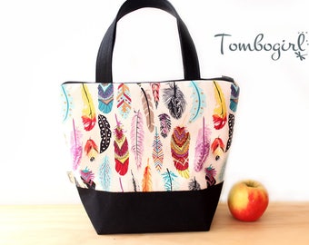 Insulated Lunch Bag / lunch Tote, Personalised, Australian made, zipped, waterproof lining – Medium or Large, Rainbow Feather